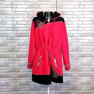 Coline fleece mid length jacket with patchwork accents Women's Size L